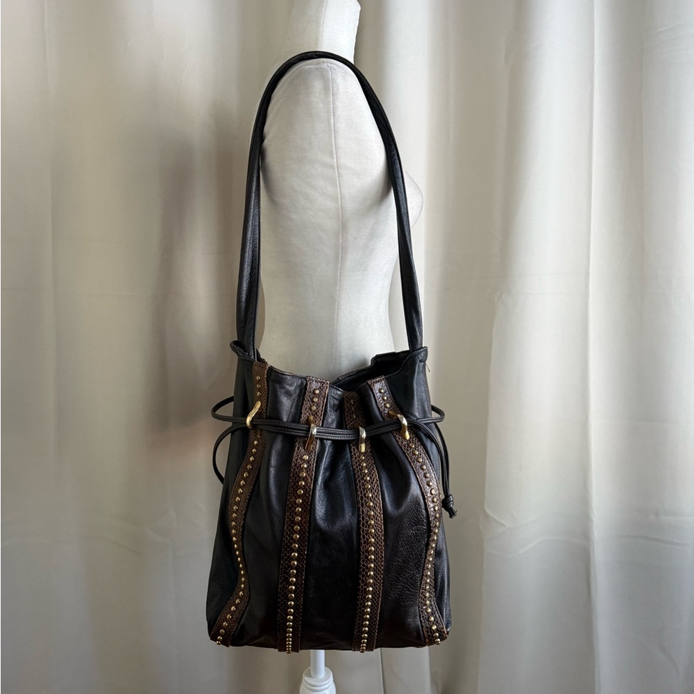 Vintage Brown Leather Gold Studded Hobo Bag